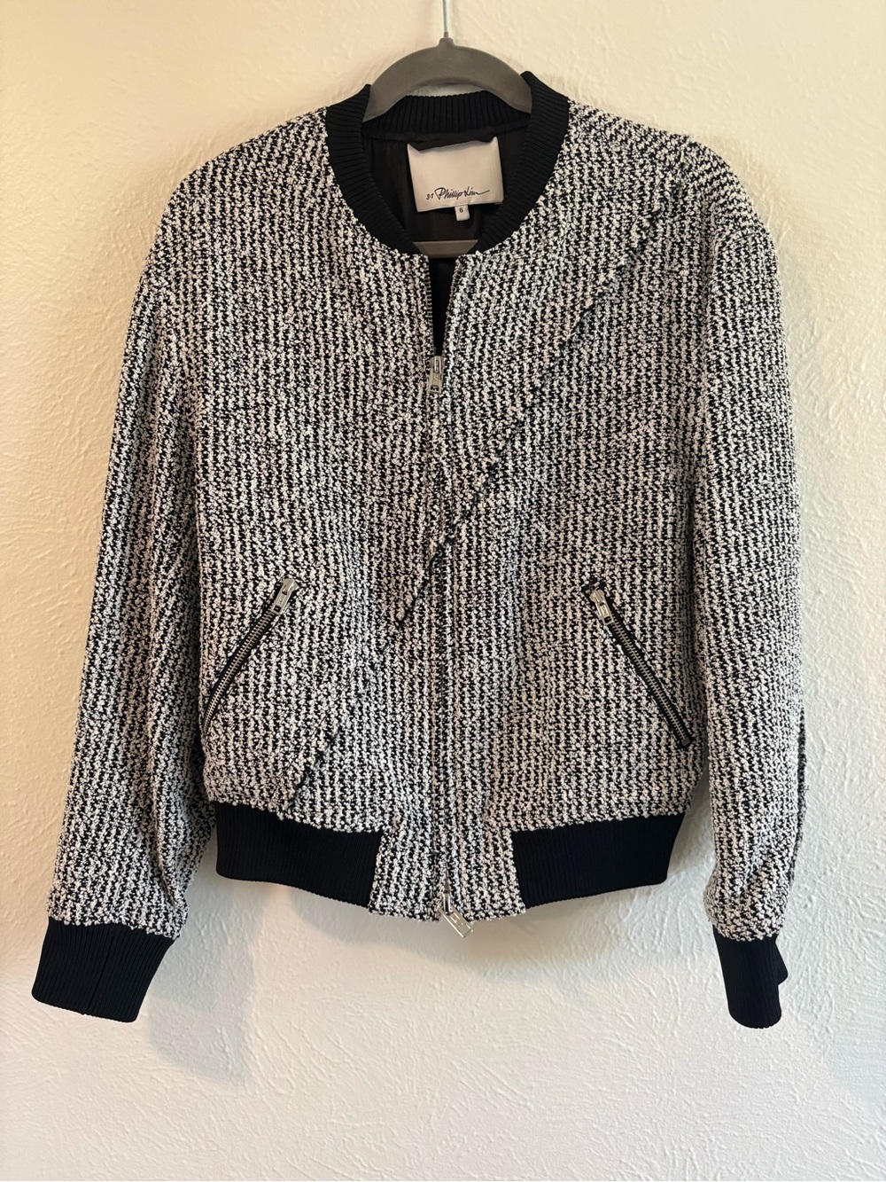3.1 Phillip Lim Boucle Tweed Bomber Jacket Black White Size 6